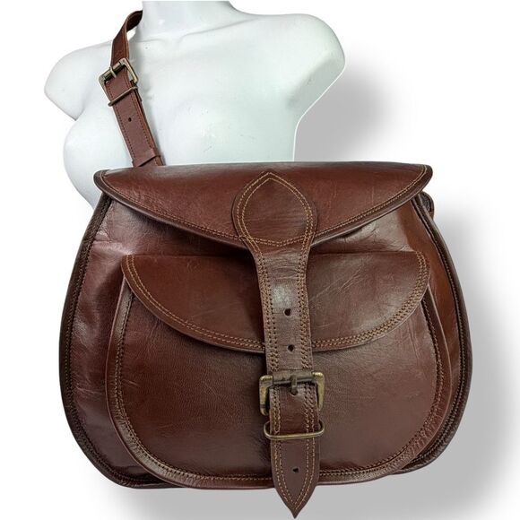 Vintage Distressed Handmade Rugged Rustic Saddle Bag Crossbody Buffalo Leather - Picture 2 of 13